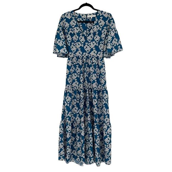 Borgo De Nor Teodora Crepe Dress Bouquet Blue White Flutter Sleeve Maxi Size 2 - Picture 2 of 14